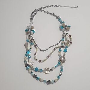 Multilayered Womens Necklace Mother of Pearl Blue Beads Silver Tone Chain